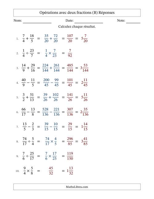 Opérations avec fractions propres et impropres avec dénominateurs différents, résultats sous fractions mixtes et sans simplification (Remplissable) (B) page 2