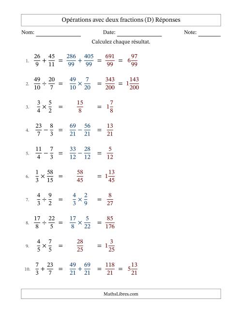 Opérations avec fractions propres et impropres avec dénominateurs différents, résultats sous fractions mixtes et sans simplification (Remplissable) (D) page 2