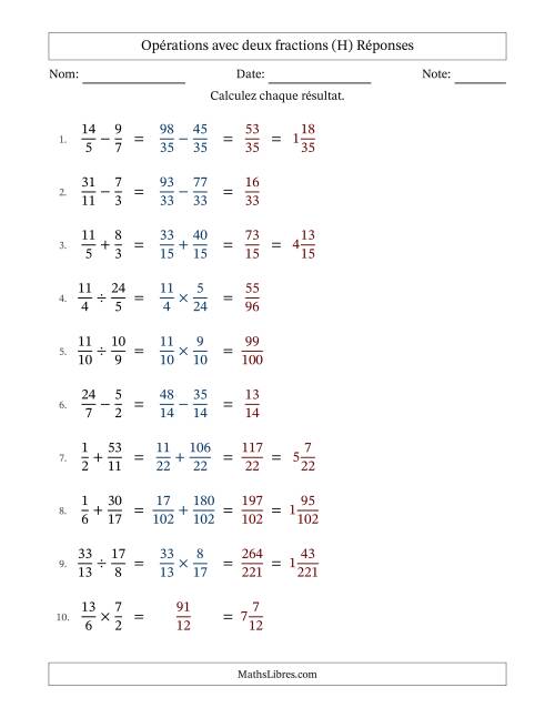 Opérations avec fractions propres et impropres avec dénominateurs différents, résultats sous fractions mixtes et sans simplification (Remplissable) (H) page 2