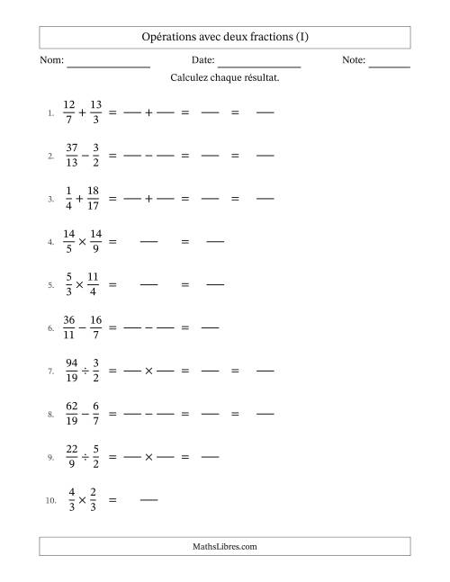 Opérations avec fractions propres et impropres avec dénominateurs différents, résultats sous fractions mixtes et sans simplification (Remplissable) (I)