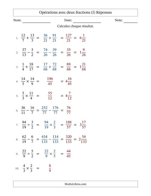 Opérations avec fractions propres et impropres avec dénominateurs différents, résultats sous fractions mixtes et sans simplification (Remplissable) (I) page 2