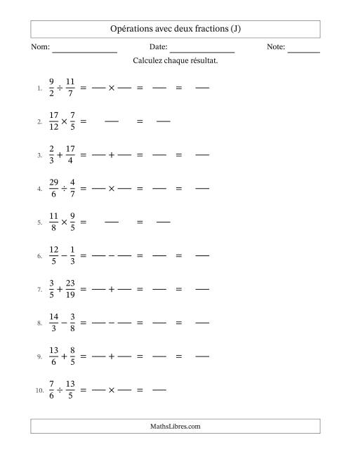 Opérations avec fractions propres et impropres avec dénominateurs différents, résultats sous fractions mixtes et sans simplification (Remplissable) (J)