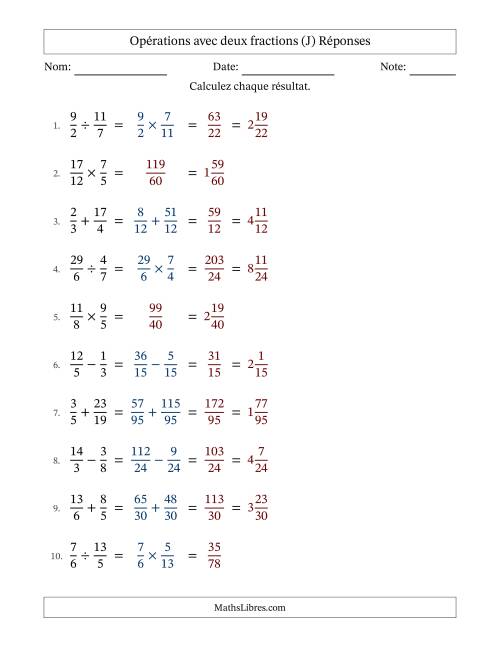 Opérations avec fractions propres et impropres avec dénominateurs différents, résultats sous fractions mixtes et sans simplification (Remplissable) (J) page 2