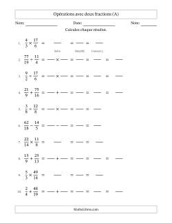 Opérations avec fractions propres et impropres avec dénominateurs différents, résultats sous fractions mixtes et simplification dans tous les problèmes (Remplissable)