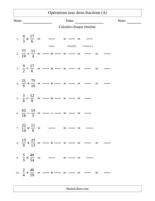 Opérations avec fractions propres et impropres avec dénominateurs différents, résultats sous fractions mixtes et simplification dans tous les problèmes (Remplissable) (A)