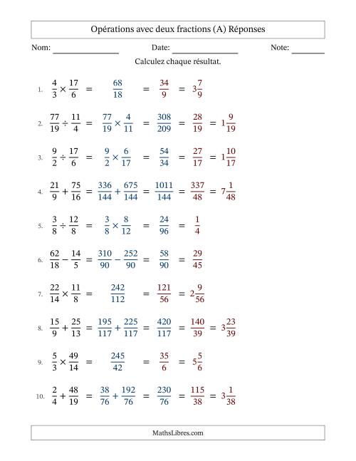 Opérations avec fractions propres et impropres avec dénominateurs différents, résultats sous fractions mixtes et simplification dans tous les problèmes (Remplissable) (A) page 2