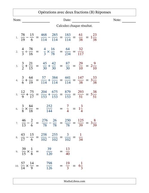 Opérations avec fractions propres et impropres avec dénominateurs différents, résultats sous fractions mixtes et simplification dans tous les problèmes (Remplissable) (B) page 2