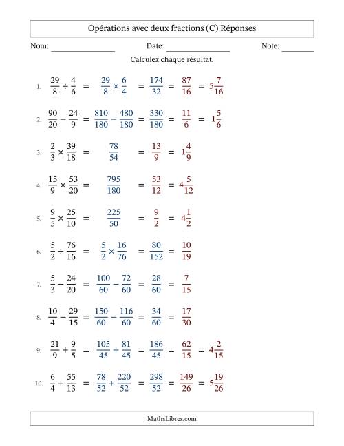 Opérations avec fractions propres et impropres avec dénominateurs différents, résultats sous fractions mixtes et simplification dans tous les problèmes (Remplissable) (C) page 2