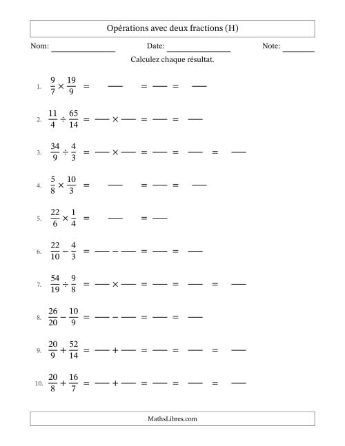 Opérations avec fractions propres et impropres avec dénominateurs différents, résultats sous fractions mixtes et simplification dans tous les problèmes (Remplissable) (H)