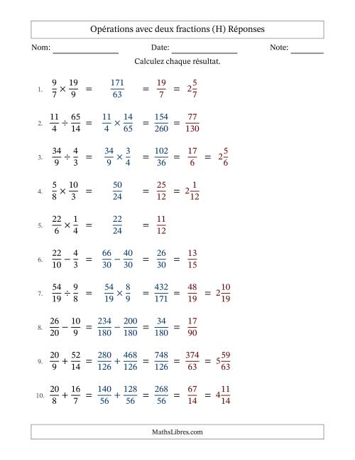 Opérations avec fractions propres et impropres avec dénominateurs différents, résultats sous fractions mixtes et simplification dans tous les problèmes (Remplissable) (H) page 2