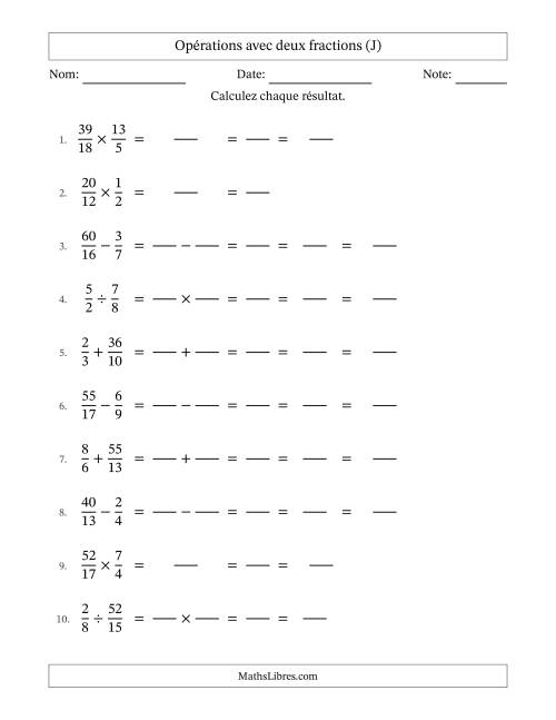 Opérations avec fractions propres et impropres avec dénominateurs différents, résultats sous fractions mixtes et simplification dans tous les problèmes (Remplissable) (J)