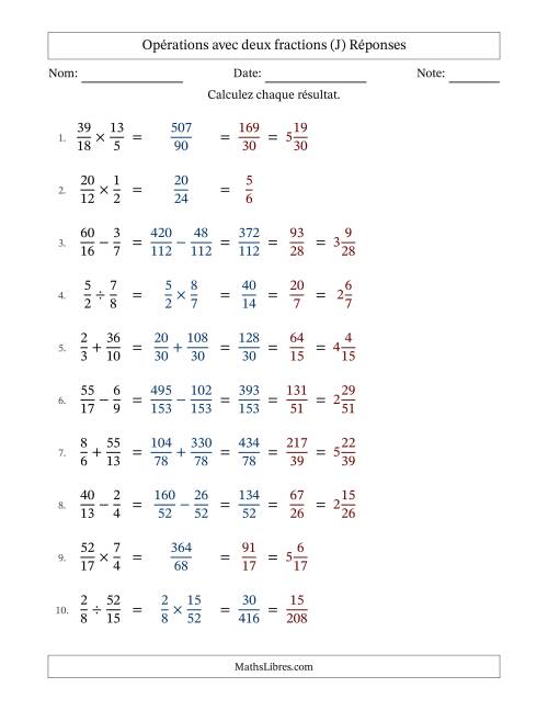 Opérations avec fractions propres et impropres avec dénominateurs différents, résultats sous fractions mixtes et simplification dans tous les problèmes (Remplissable) (J) page 2