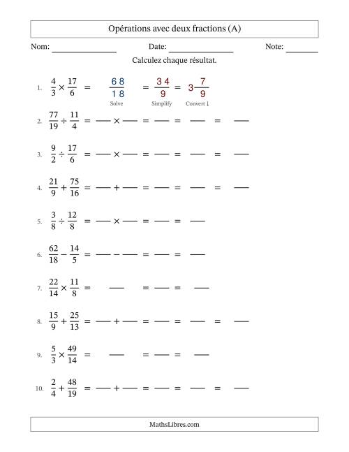 Opérations avec fractions propres et impropres avec dénominateurs différents, résultats sous fractions mixtes et simplification dans tous les problèmes (Remplissable) (Tout)
