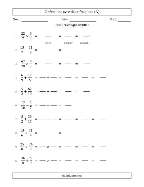 Opérations avec fractions propres et impropres avec dénominateurs différents, résultats sous fractions mixtes et quelque simplification (Remplissable) (A)