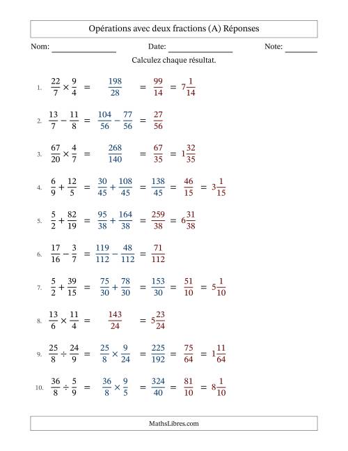 Opérations avec fractions propres et impropres avec dénominateurs différents, résultats sous fractions mixtes et quelque simplification (Remplissable) (A) page 2