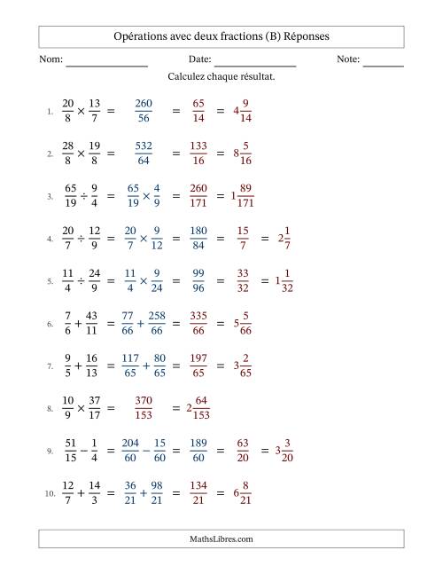Opérations avec fractions propres et impropres avec dénominateurs différents, résultats sous fractions mixtes et quelque simplification (Remplissable) (B) page 2