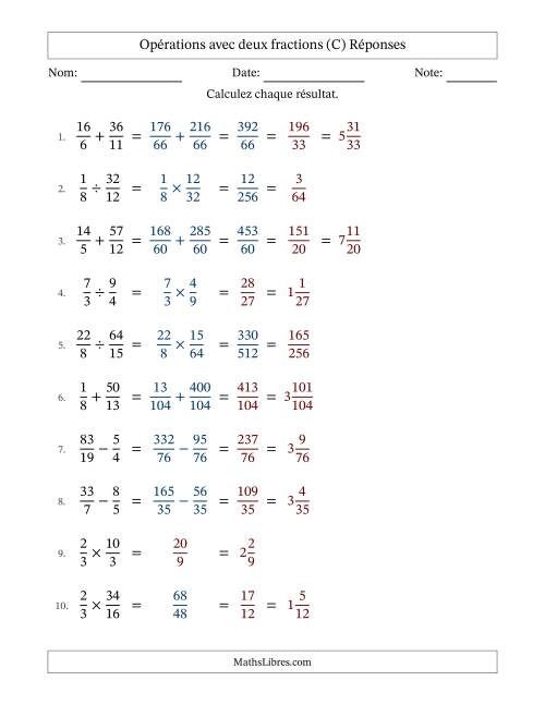Opérations avec fractions propres et impropres avec dénominateurs différents, résultats sous fractions mixtes et quelque simplification (Remplissable) (C) page 2
