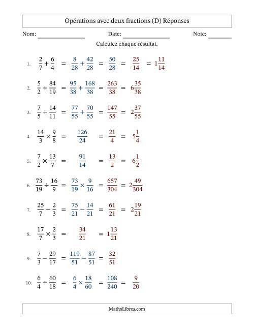 Opérations avec fractions propres et impropres avec dénominateurs différents, résultats sous fractions mixtes et quelque simplification (Remplissable) (D) page 2