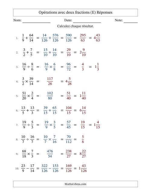 Opérations avec fractions propres et impropres avec dénominateurs différents, résultats sous fractions mixtes et quelque simplification (Remplissable) (E) page 2