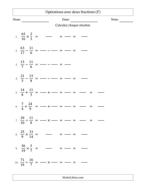 Opérations avec fractions propres et impropres avec dénominateurs différents, résultats sous fractions mixtes et quelque simplification (Remplissable) (F)