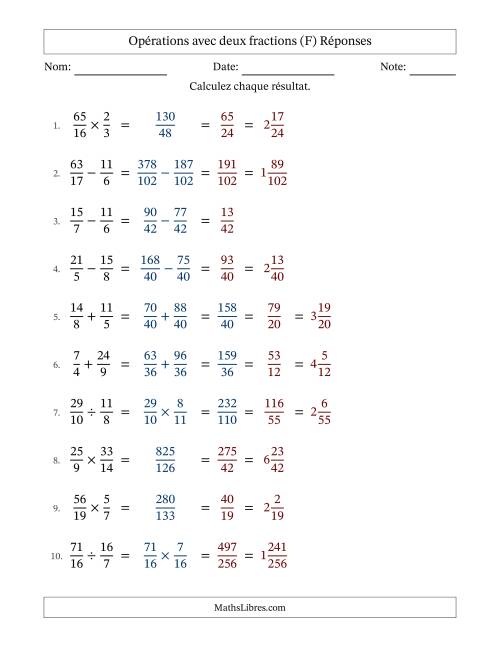 Opérations avec fractions propres et impropres avec dénominateurs différents, résultats sous fractions mixtes et quelque simplification (Remplissable) (F) page 2