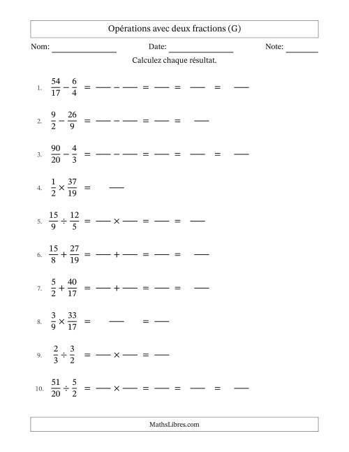 Opérations avec fractions propres et impropres avec dénominateurs différents, résultats sous fractions mixtes et quelque simplification (Remplissable) (G)