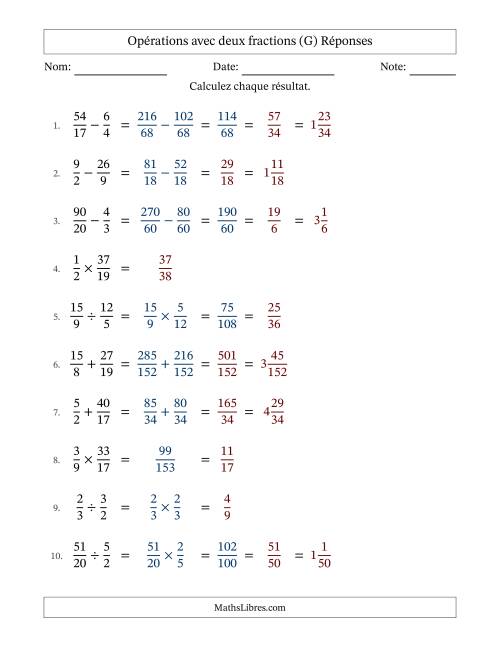 Opérations avec fractions propres et impropres avec dénominateurs différents, résultats sous fractions mixtes et quelque simplification (Remplissable) (G) page 2
