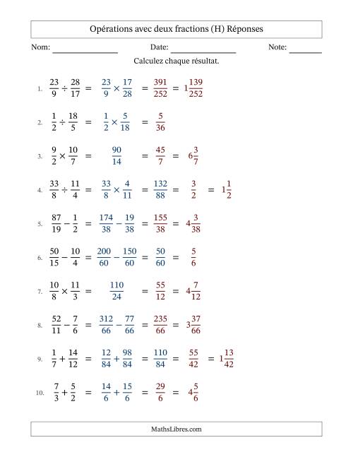 Opérations avec fractions propres et impropres avec dénominateurs différents, résultats sous fractions mixtes et quelque simplification (Remplissable) (H) page 2