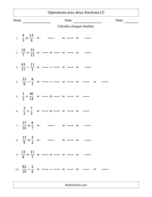 Opérations avec fractions propres et impropres avec dénominateurs différents, résultats sous fractions mixtes et quelque simplification (Remplissable) (J)