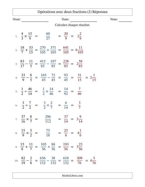 Opérations avec fractions propres et impropres avec dénominateurs différents, résultats sous fractions mixtes et quelque simplification (Remplissable) (J) page 2