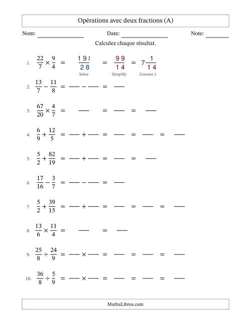 Opérations avec fractions propres et impropres avec dénominateurs différents, résultats sous fractions mixtes et quelque simplification (Remplissable) (Tout)