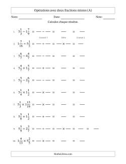 Opérations avec deux fractions mixtes avec dénominateurs égals, résultats sous fractions mixtes et sans simplification (Remplissable)