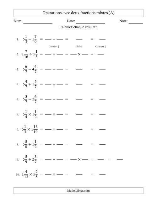 Opérations avec deux fractions mixtes avec dénominateurs égals, résultats sous fractions mixtes et sans simplification (Remplissable) (A)
