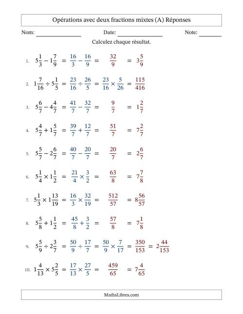 Opérations avec deux fractions mixtes avec dénominateurs égals, résultats sous fractions mixtes et sans simplification (Remplissable) (A) page 2