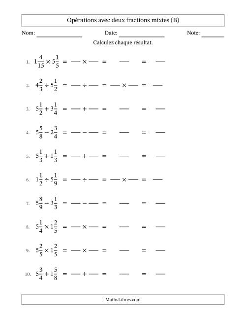 Opérations avec deux fractions mixtes avec dénominateurs égals, résultats sous fractions mixtes et sans simplification (Remplissable) (B)