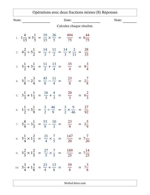 Opérations avec deux fractions mixtes avec dénominateurs égals, résultats sous fractions mixtes et sans simplification (Remplissable) (B) page 2