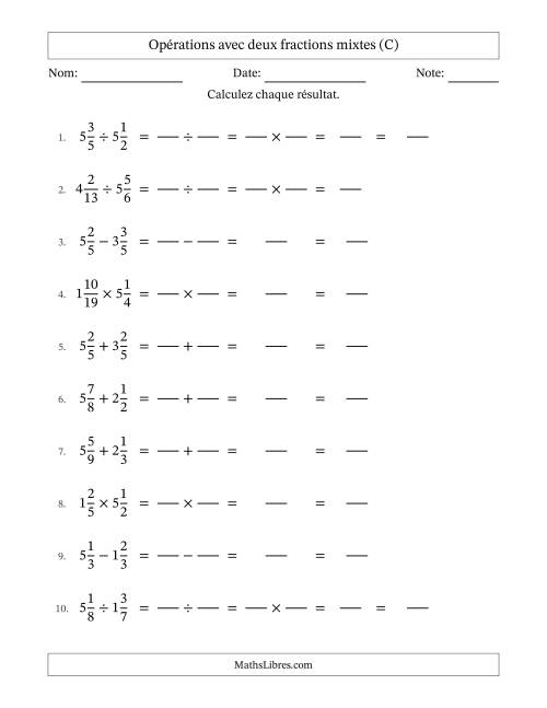 Opérations avec deux fractions mixtes avec dénominateurs égals, résultats sous fractions mixtes et sans simplification (Remplissable) (C)