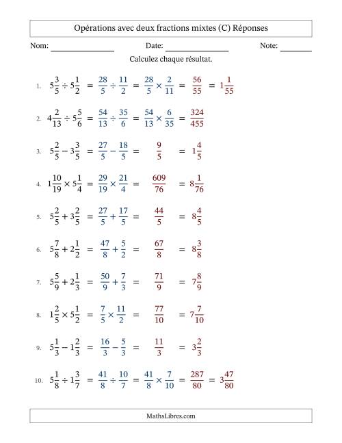 Opérations avec deux fractions mixtes avec dénominateurs égals, résultats sous fractions mixtes et sans simplification (Remplissable) (C) page 2