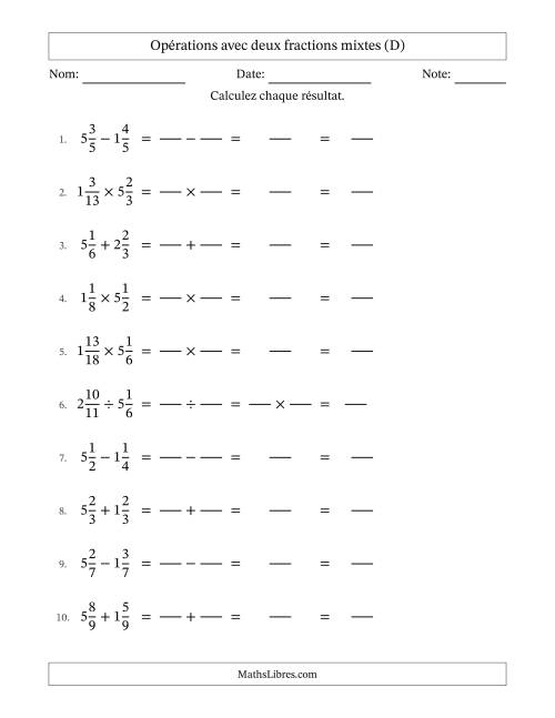 Opérations avec deux fractions mixtes avec dénominateurs égals, résultats sous fractions mixtes et sans simplification (Remplissable) (D)