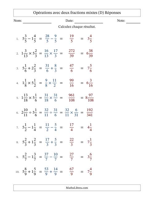Opérations avec deux fractions mixtes avec dénominateurs égals, résultats sous fractions mixtes et sans simplification (Remplissable) (D) page 2