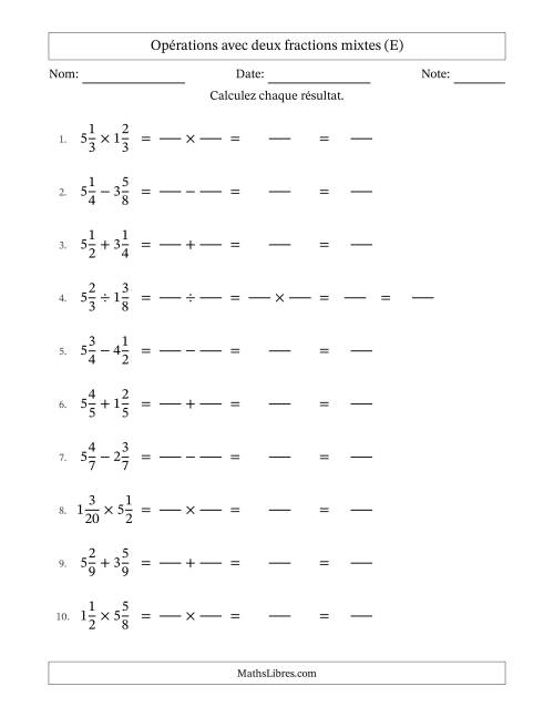 Opérations avec deux fractions mixtes avec dénominateurs égals, résultats sous fractions mixtes et sans simplification (Remplissable) (E)