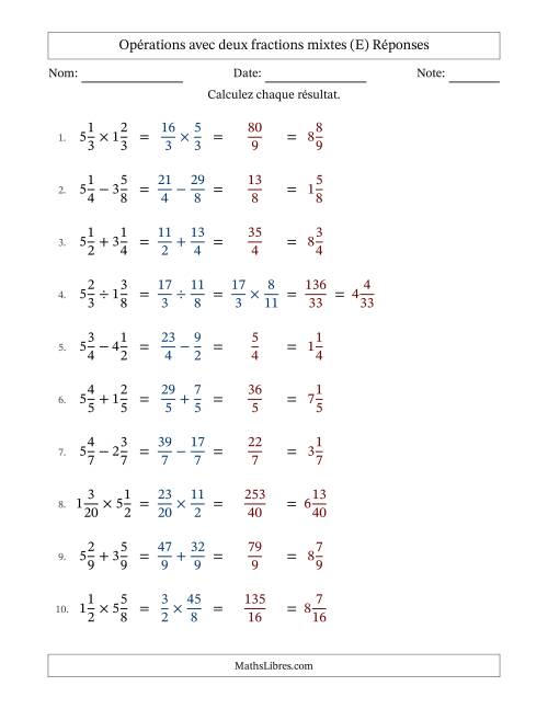 Opérations avec deux fractions mixtes avec dénominateurs égals, résultats sous fractions mixtes et sans simplification (Remplissable) (E) page 2