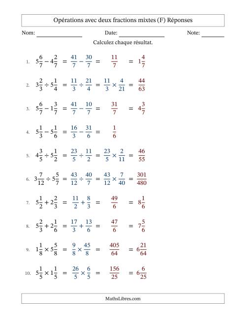 Opérations avec deux fractions mixtes avec dénominateurs égals, résultats sous fractions mixtes et sans simplification (Remplissable) (F) page 2