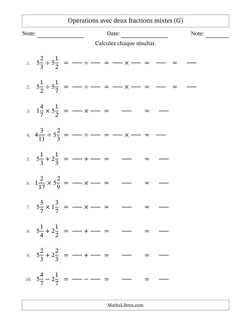 Opérations avec deux fractions mixtes avec dénominateurs égals, résultats sous fractions mixtes et sans simplification (Remplissable) (G)