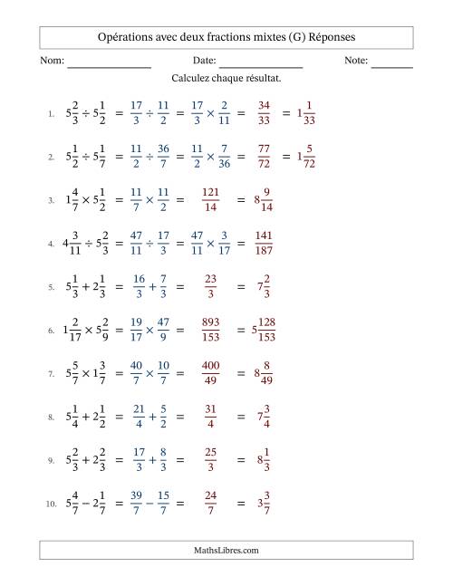 Opérations avec deux fractions mixtes avec dénominateurs égals, résultats sous fractions mixtes et sans simplification (Remplissable) (G) page 2