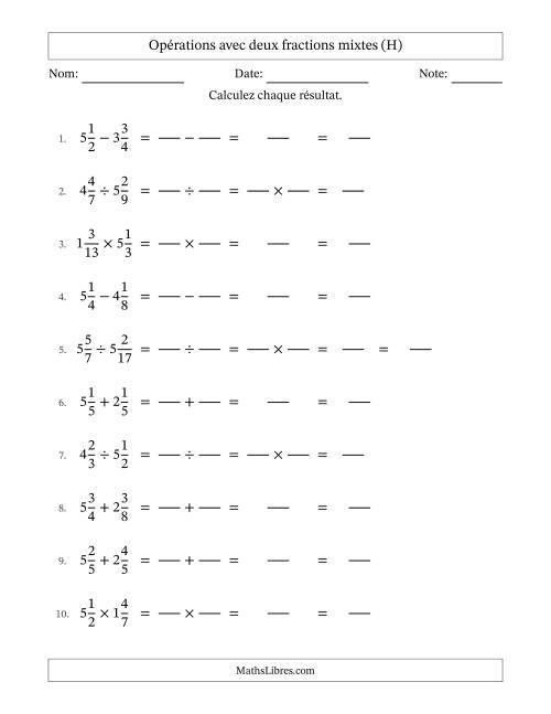 Opérations avec deux fractions mixtes avec dénominateurs égals, résultats sous fractions mixtes et sans simplification (Remplissable) (H)