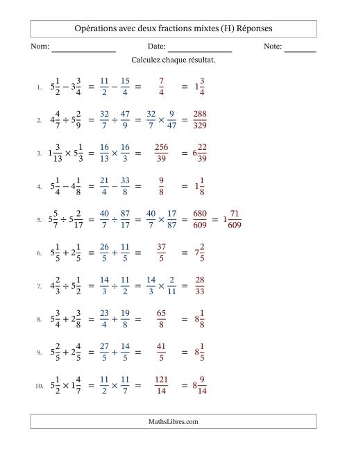 Opérations avec deux fractions mixtes avec dénominateurs égals, résultats sous fractions mixtes et sans simplification (Remplissable) (H) page 2