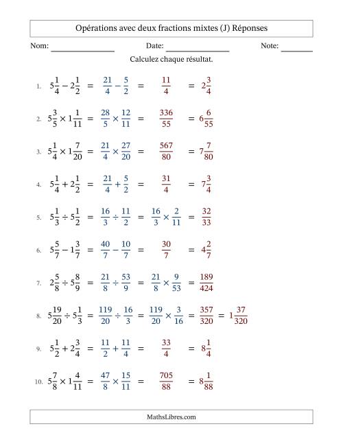 Opérations avec deux fractions mixtes avec dénominateurs égals, résultats sous fractions mixtes et sans simplification (Remplissable) (J) page 2
