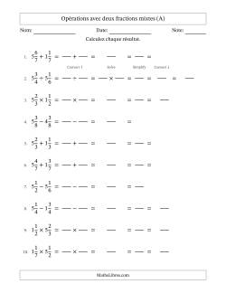 Opérations avec deux fractions mixtes avec dénominateurs égals, résultats sous fractions mixtes et simplification dans tous les problèmes (Remplissable)