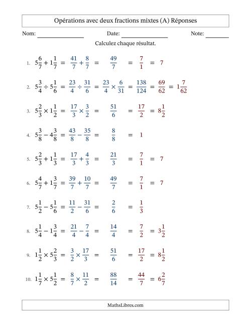 Opérations avec deux fractions mixtes avec dénominateurs égals, résultats sous fractions mixtes et simplification dans tous les problèmes (Remplissable) (A) page 2